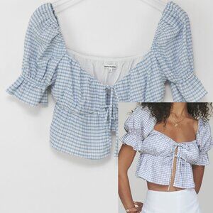 Reformation Lena Top Gingham Cropped Puff Sleeve Blouse Blue White Size 2